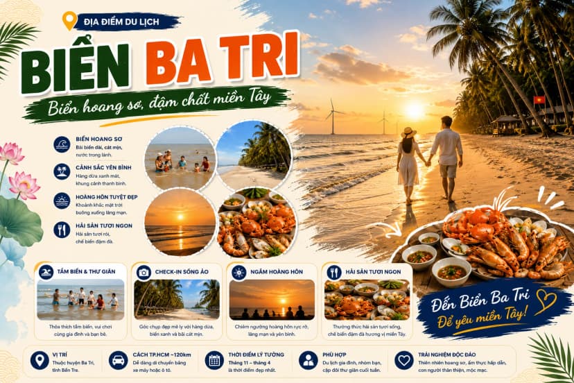 Biển Ba Tri Bến Tre với cảnh quan ven biển phù sa
