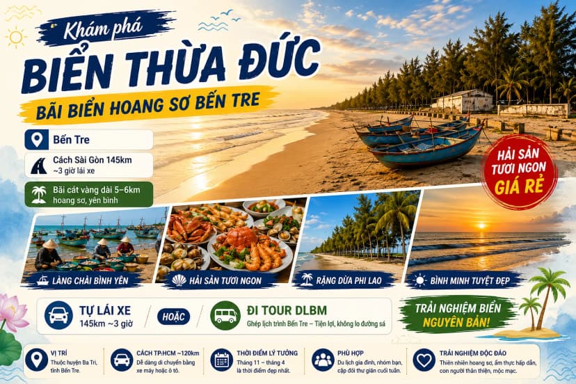 Biển Thừa Đức Bến Tre với bãi biển phù sa yên bình