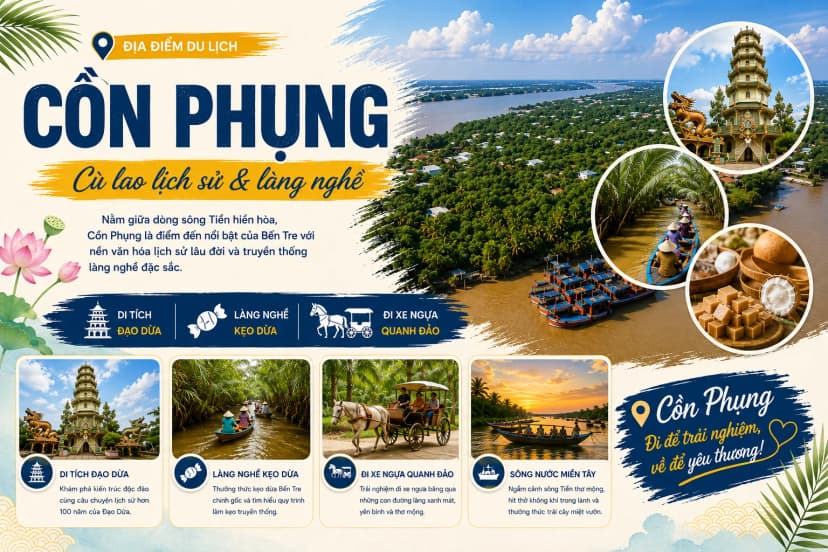 Cồn Phụng Bến Tre và khu di tích Đạo Dừa trên sông Tiền