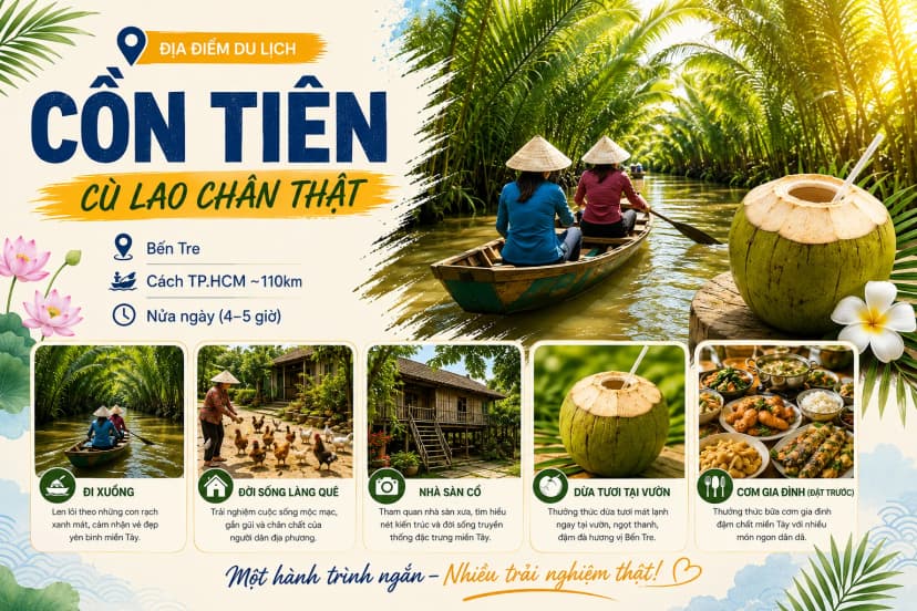 Cồn Tiên Bến Tre với cảnh quan sông nước và vườn cây