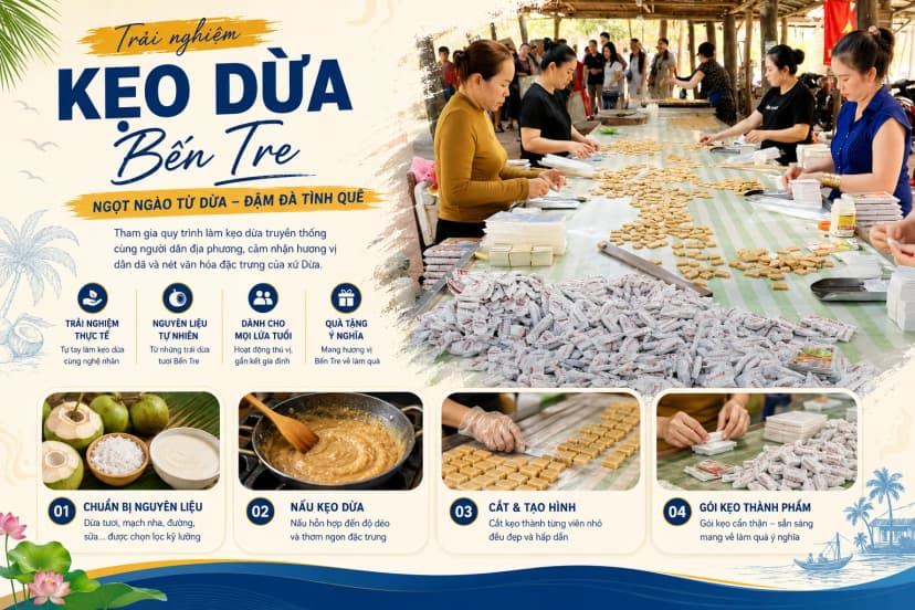 Du khách tìm hiểu quy trình làm kẹo dừa Bến Tre