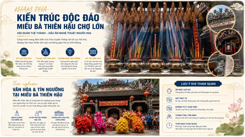 Kiến trúc Miếu Bà Thiên Hậu Chợ Lớn với vòng hương và mái ngói cổ