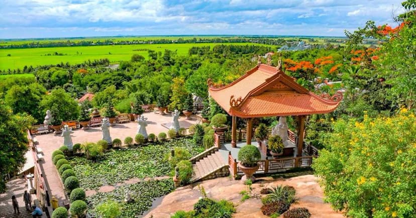 Cánh đồng xanh mướt xung quanh chùa