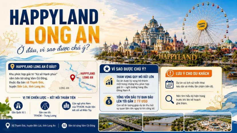 Toàn cảnh khu du lịch Happyland Long An bên sông Vàm Cỏ Đông