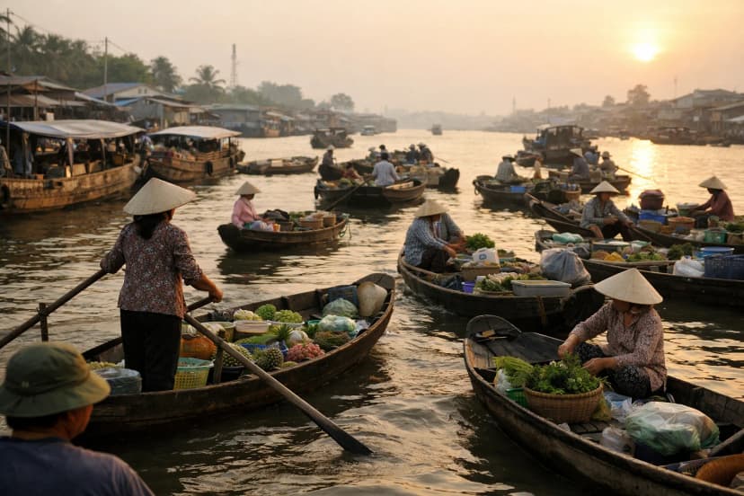 Khung cảnh chợ nổi Cần Thơ vào buổi sáng sớm phù hợp cho lịch trình 1 ngày
