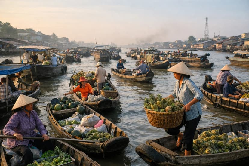 Chợ nổi Cái Răng Cần Thơ tấp nập thuyền bè vào buổi sáng sớm, là điểm đến nổi bật khi du lịch miền Tây