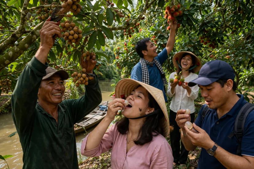Du khách tham quan vườn trái cây ở Bến Tre, trải nghiệm hái và thưởng thức hoa quả tươi ngon