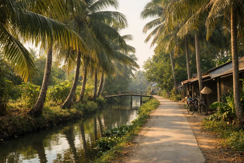 Con đường làng ở miền Tây với hàng dừa xanh mát và kênh rạch nhỏ, thể hiện nét đẹp bình dị của vùng đất này