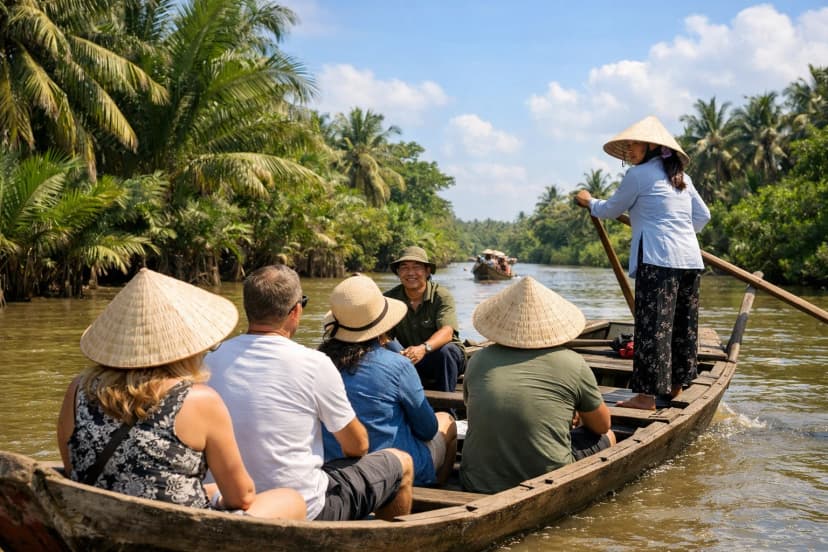 Du khách đi thuyền trên sông Tiền trong tour miền Tây từ TPHCM