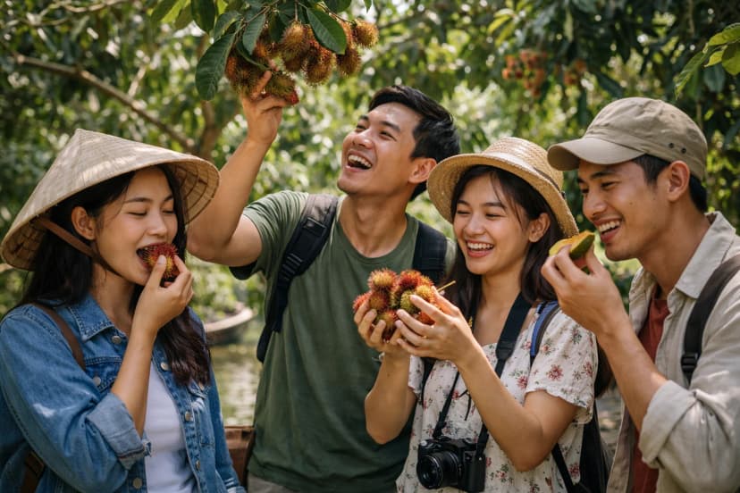 Du khách tham quan vườn trái cây trong tour miền Tây 2 ngày 1 đêm từ TPHCM