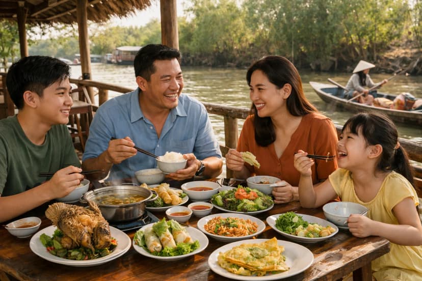 Gia đình thưởng thức đặc sản trong chuyến du lịch miền Tây từ TPHCM