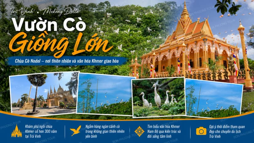 Vườn Cò Giồng Lớn và Chùa Cò Nodol Trà Vinh