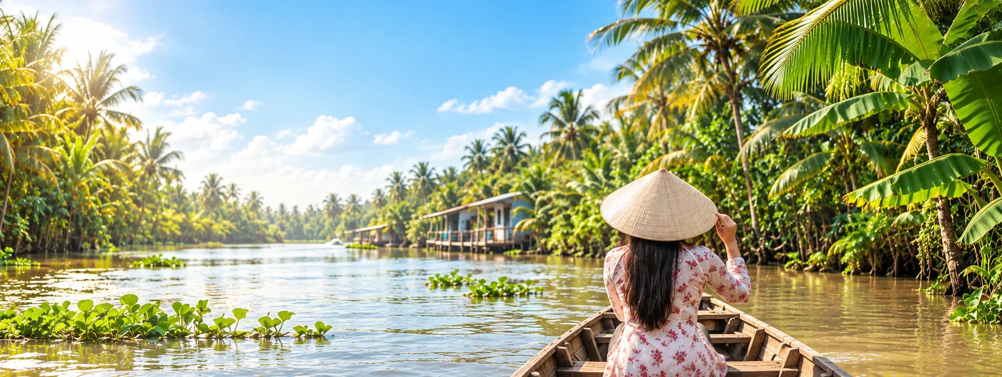 Du khách đi xuồng trên sông nước miền Tây