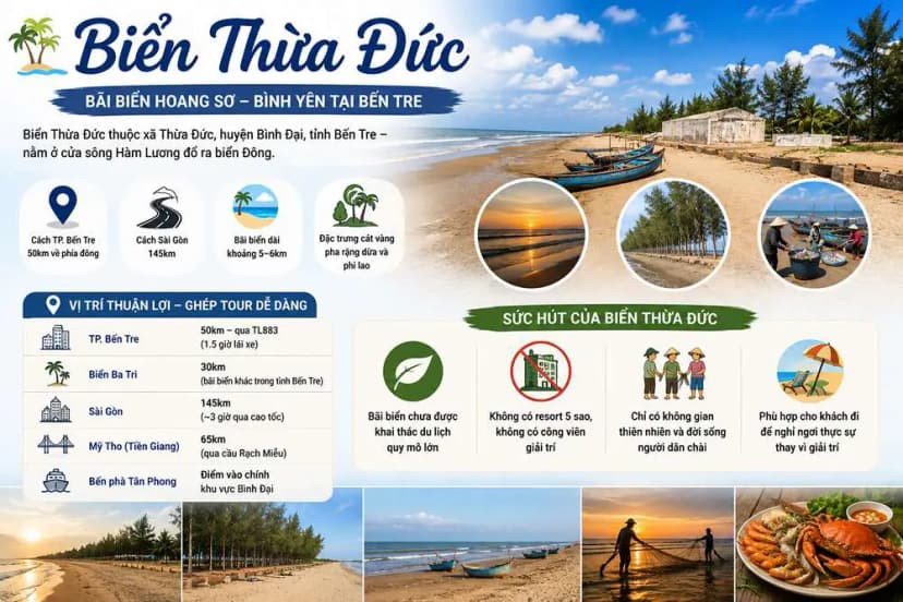 Biển Thừa Đức Bến Tre với bãi biển hoang sơ và không gian ven biển Bình Đại