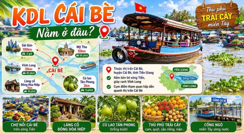 Vị trí khu vực du lịch Cái Bè và các điểm tham quan lân cận