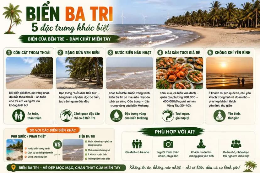 Bãi biển Ba Tri với màu nước phù sa đặc trưng