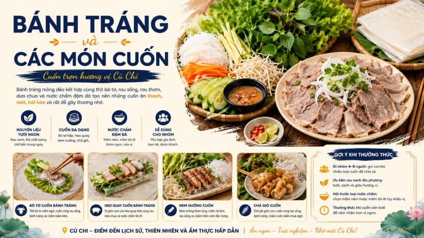 Bánh tráng rau sống và nước chấm ăn cùng bò tơ Củ Chi