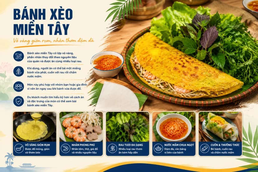 Bánh xèo miền Tây vàng giòn ăn cùng rau sống và nước mắm