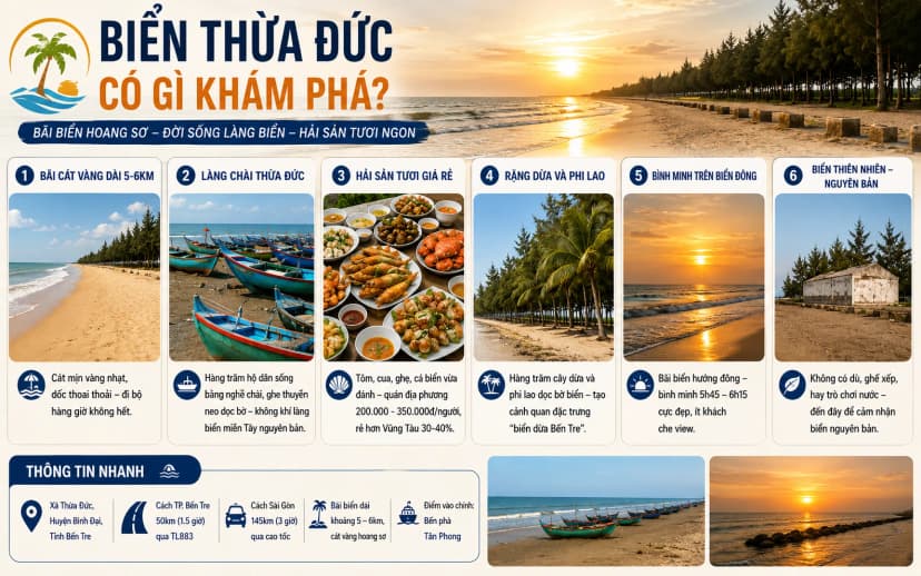 Trải nghiệm biển Thừa Đức Bến Tre với bãi cát và không gian làng biển hoang sơ