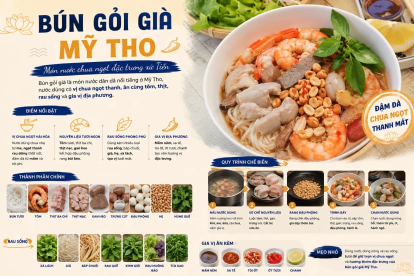 Bún gỏi già với tôm, thịt và rau sống tại Mỹ Tho