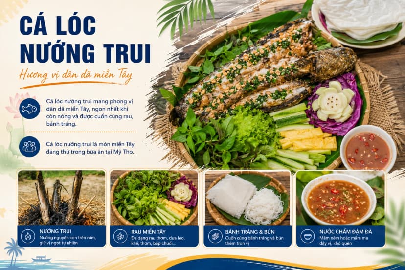 Cá lóc nướng trui dùng với rau, bánh tráng và nước chấm