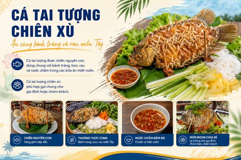 Cá tai tượng chiên xù ăn cùng bánh tráng và rau miền Tây
