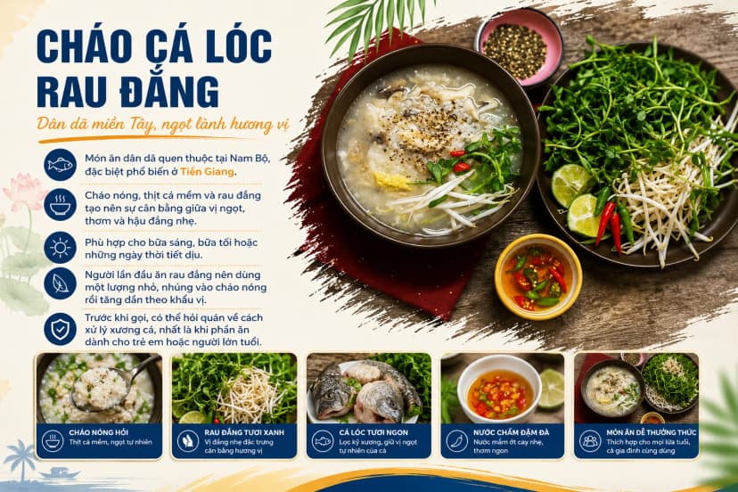 Cháo cá lóc rau đắng nóng hổi tại Mỹ Tho