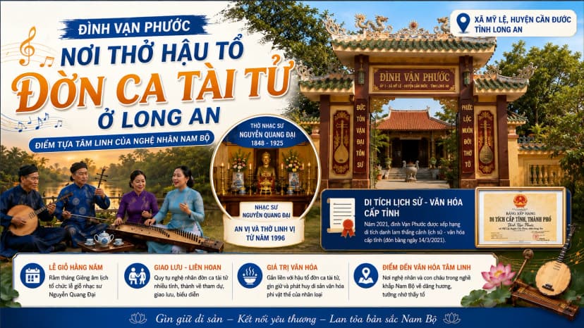 Đình Vạn Phước là địa điểm gắn liền với Thầy Ba Đợi Nguyễn Quang Đại và nghệ thuật đờn ca tài tử Nam Bộ.