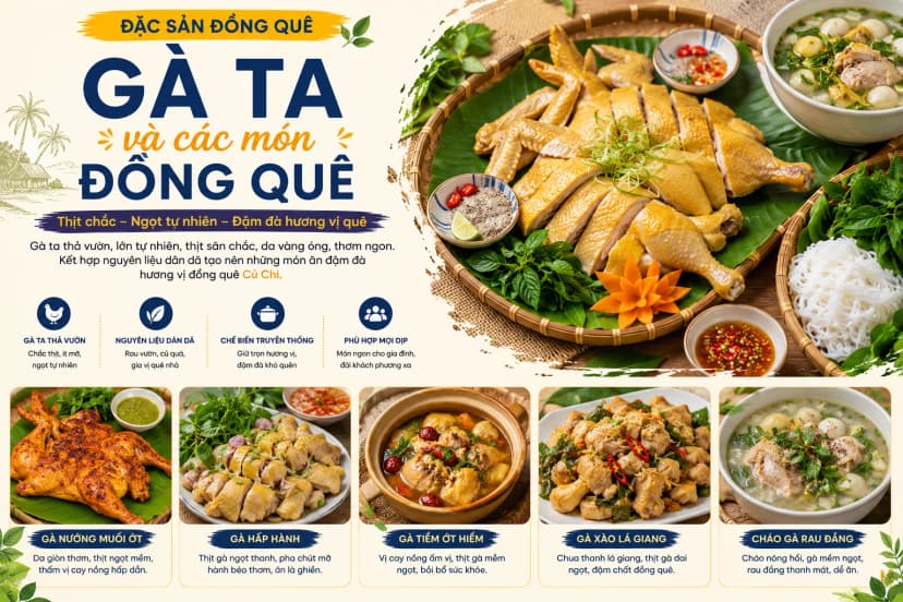 Gà ta chế biến theo phong cách đồng quê tại Củ Chi