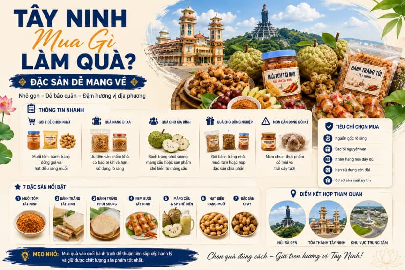gợi ý đặc sản Tây Ninh làm quà gồm muối tôm, bánh tráng, hạt điều, mãng cầu và nem bưởi