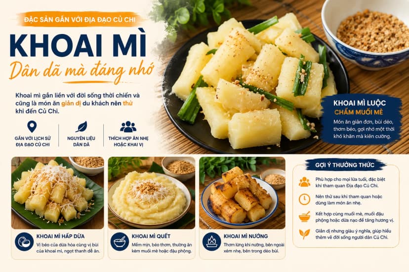 Khoai mì luộc chấm muối mè tại Củ Chi
