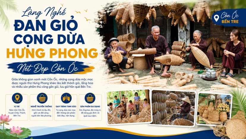 Làng nghề đan giỏ cọng dừa Hưng Phong tại Cồn Ốc