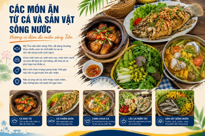 Mâm món cá và sản vật sông nước tại Mỹ Tho