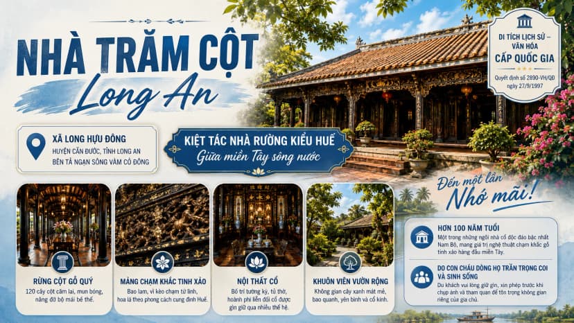 Nhà Trăm Cột Long An với kiến trúc nhà rường Huế