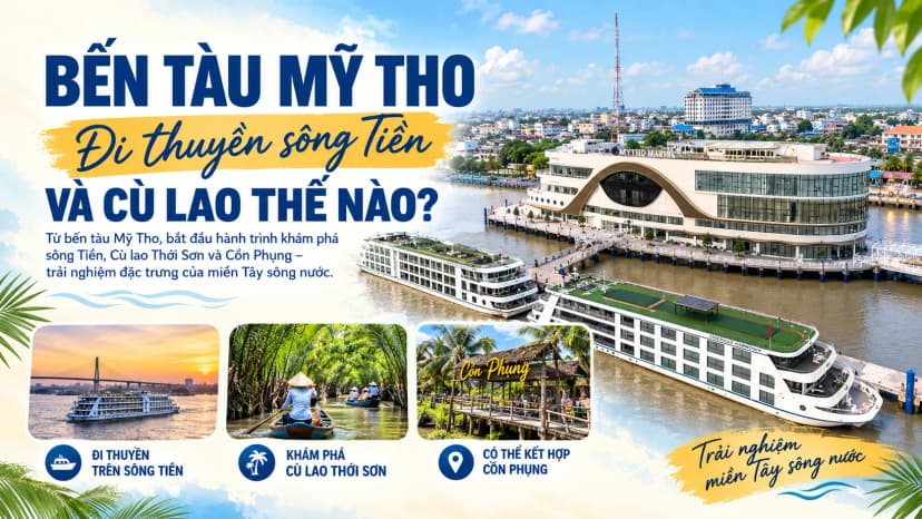 Sơ đồ hành trình từ Bến tàu Mỹ Tho đi sông Tiền, Cù lao Thới Sơn và Cồn Phụng