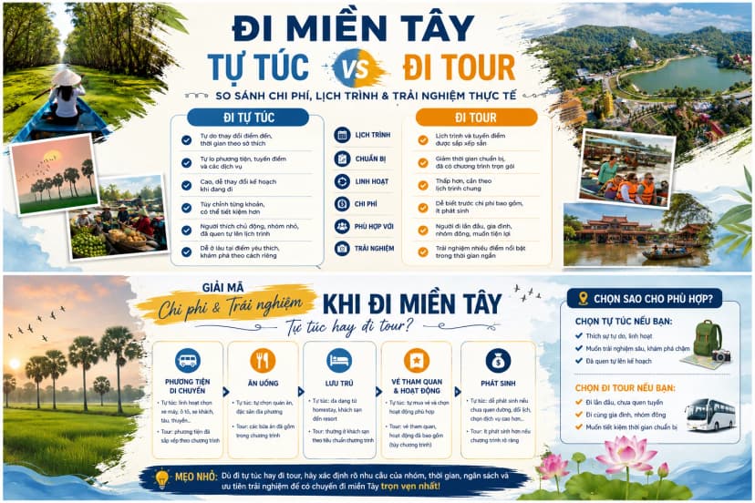 So sánh chi phí đi miền Tây tự túc và đi tour gồm phương tiện, ăn uống, lưu trú, vé tham quan và chi phí phát sinh