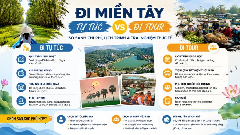 So sánh đi miền Tây tự túc và đi tour về chi phí, lịch trình, độ linh hoạt và trải nghiệm