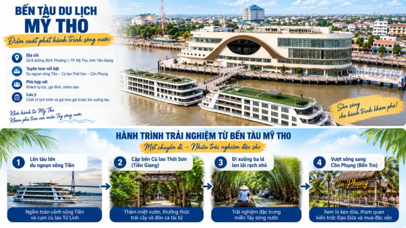 Tàu du lịch sông Tiền và xuồng ba lá trong hành trình từ Bến tàu Mỹ Tho