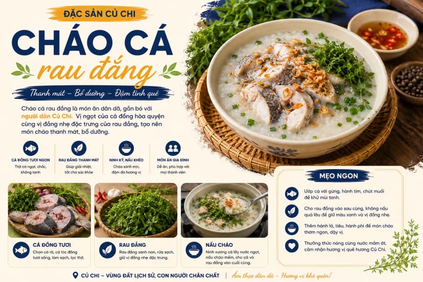 Tô cháo cá rau đắng nóng dùng trong bữa ăn tại Củ Chi