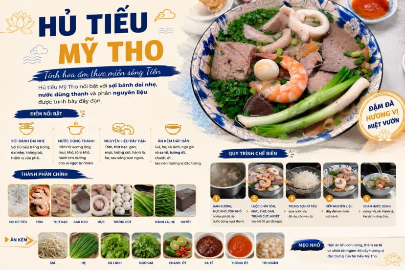 Tô hủ tiếu Mỹ Tho với sợi bánh, tôm, thịt và rau ăn kèm
