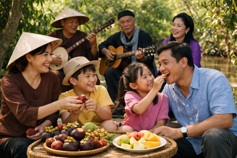 Du khách thưởng thức trái cây và nghe đờn ca tài tử tại điểm miệt vườn