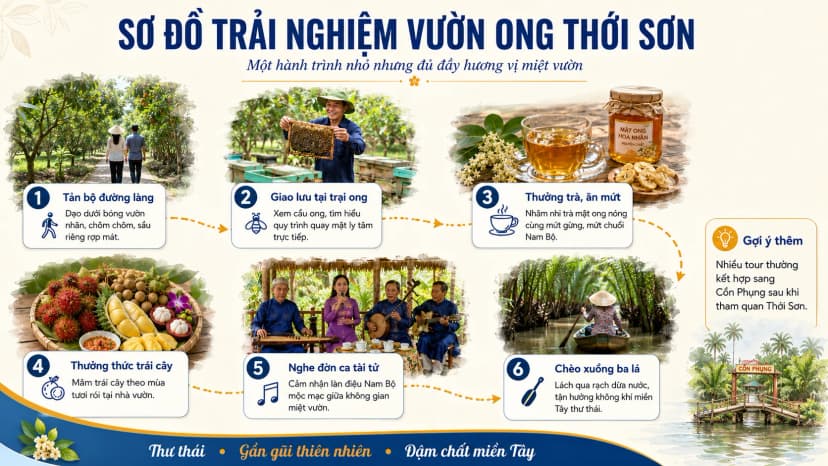 Sơ đồ trải nghiệm vườn ong Cù Lao Thới Sơn từ thưởng trà đến chèo xuồng ba lá