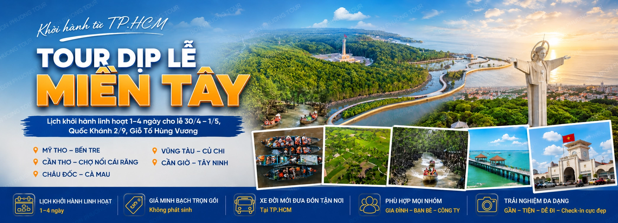 Lịch khởi hành tour lễ 2/9 từ TP.HCM: Mỹ Tho, Bến Tre, Cần Thơ, Châu Đốc, Cà Mau, Cần Giờ, Củ Chi, Vũng Tàu, Tây Ninh